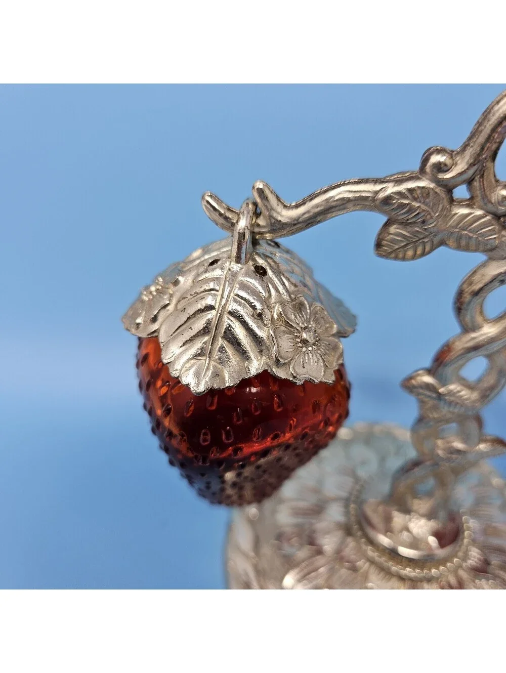 Vintage Rare Red Glass Hanging Strawberry Salt & Pepper Shakers Japan EP. Zinc